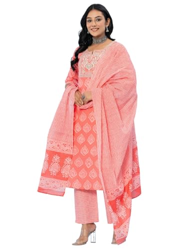Image of Amayra Women's Cotton Embroidered Straight Kurta with Palazzo Pant and Dupatta Set