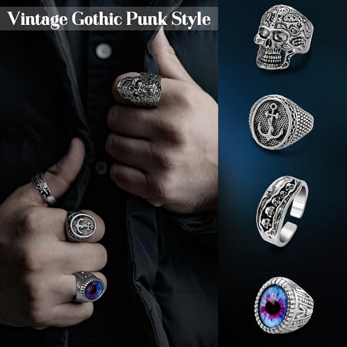 REVOLIA 20Pcs Vintage Silver Punk Rings for Men Cool Gothic Chunky Biker Kunckle Rings Set Skull Feather Snake Octopus Devil Eyes Stacking Rings Jewelry Pack4