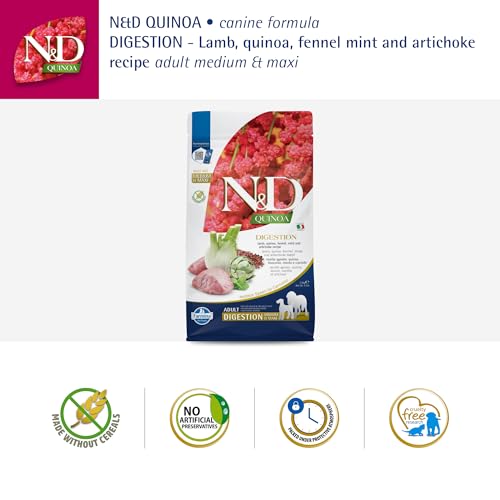 Farmina N&D Quinoa Digestion Adult Dog Food | Lamb | Supports Digestive Health | Complete Dietetic Food for Dogs | 2.5kg | Highly Digestible Formula