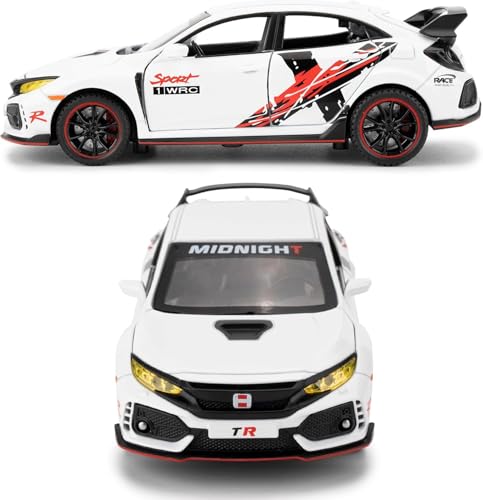 Image of 1:32 Civic Type R Toy Car Metal Diecast Pull Back with Sound Light & Openable Doors Kids Gifts Collectible Car Model Durable Toy for Boys & Girls (White)