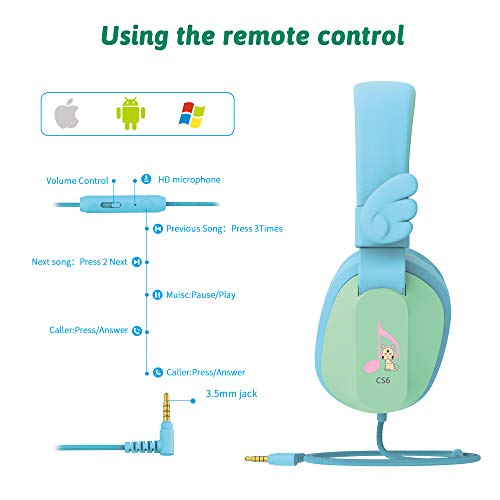 Riwbox Kids Headphones For School With Mic, Cs6 Folding Stereo Headphones Over Ear Wired Headset Sharing Function With Mic And Volume Control Compatible For Ipad/Iphone/Pc/Kindle/Tablet (Blue&Green) #TOP3