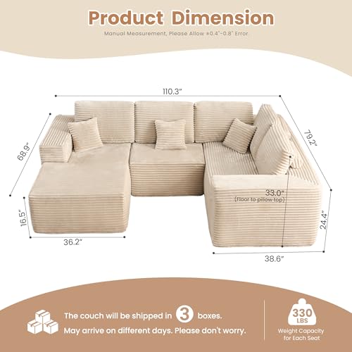 Image of HOOOWOOO Cloud Sectional Couches for Living Room,Modular Sectional Sofa No Assembly,110X79 Inch Plush Corduroy Large U Shaped Floor Couch Set with Deep Seat Chaise(Beige)