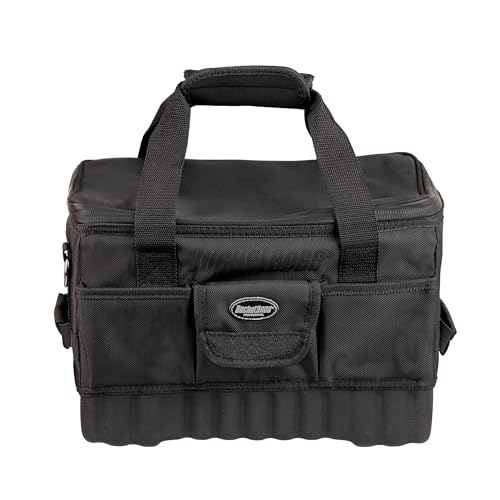 Bucket Boss Pro Racer 14 in. Tool Bag with Heavy-Duty Waterproof Racetrack Zipper, Waterproof Molded Rubber Bottom, 16 Total Pockets, Molded Padded Shoulder Strap, in Black, 66014
