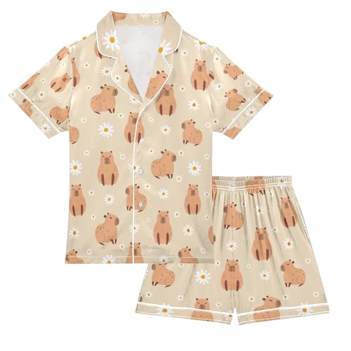 senya Cute Capybara Daisy Flower B Satin Summer Pajama Sets Silk Short Sleeve Button Down Sleepwear