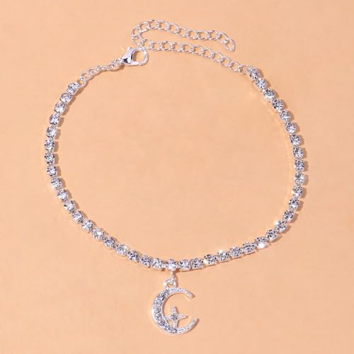 Image of Fesciory Silver Ankle Bracelets for Women, Adjustable Rhinestone Pendant Tennis Anklet, Butterfly Heart Infinite Diamond Summer Beach Foot Chain Jewelry Gifts