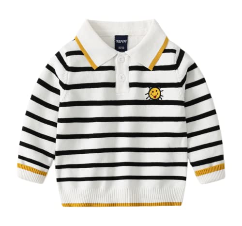 Kids Boys Cartoon Embroidered Knit Sweater Long Sleeve Polo Collar Striped Sweatshirt Cotton Pullover Tops