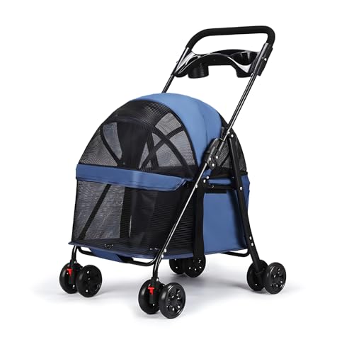 bephible Dog Stroller, 4 Wheels Dog Cat Stroller, Outdoor Travel Pet Folding Stroller, Dog Cat Cage Stroller with Cup Holder, Window for Medium Small Dog Navy Blue