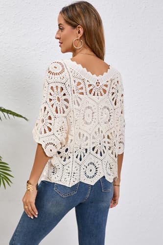 Women's Crochet Tops Boho Hollow Out V-Neck Pullover Lace Cove Up3