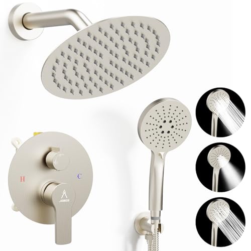JQBQS Shower Faucet Set 8IN Brass Rough-In Valve Body Trim Kit Rainfall Included Handle Accessories Complete 2 Functions with Rain Head and Handheld Bathroom Systems (8'', Brushed Nickel)
