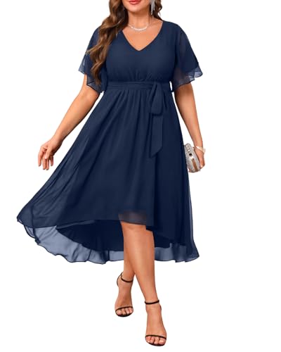 Talisea Kleid in Übergröße, für Hochzeitsgäste – formelles Cocktailkleid, Chiffon, V-Ausschnitt, Kurze Ärmel, hoch niedrig, kurvige...