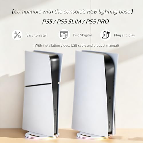 Image of Portable Vertical Stand for PS5 /PS5 Slim /Pro Console (Disc and Digital) with RGB Ambient Lights, Base for PS5 and 4 Anti-Slip Mats, Stable Heat Dissipation and Space Saving (White)