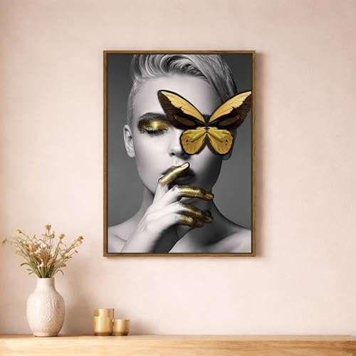 Image of Modern Abstract Portrait Framed Canvas Painting For Living Room | Butterfly Pop Wall Art For Livingroom Wall Decor, Home Decor, Bedroom, Hallway's, Office, Hotel - 43x58 cm