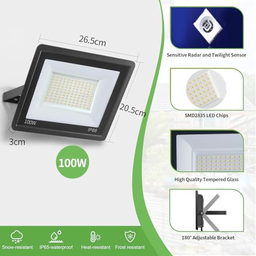 Fosingut 100 W reflektor LED z czujnikiem ruchu, 10 000 lm, reflektor zewnętrzny, 3000 K, IP66, wodoszczelna lampa zewnętrzna, lampa ścienna, lampka nocna z czujnikiem ruchu, do garażu, piwnicy