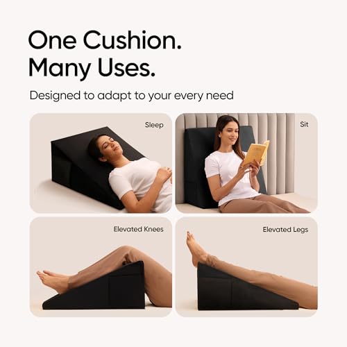 Image of Frido Ultimate Wedge Plus Max Cushion | Extra-Large Back Support Pillow for Bed with Side Pockets | Wedge Pillow for Neck & Back Pain Relief, Acid Reflux | Triangle Cushion with Carry Handle- Black