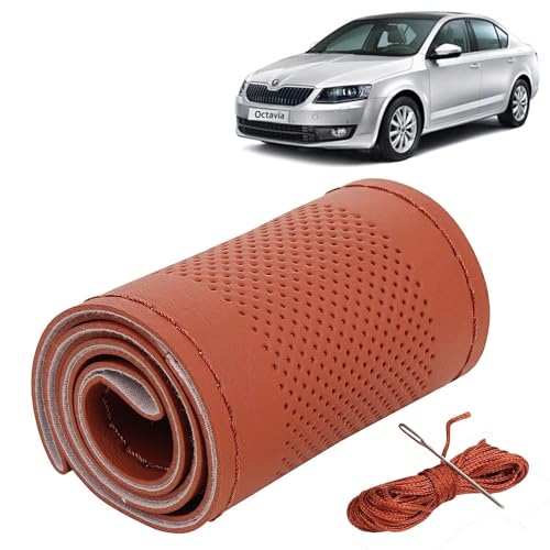 Image of KINGSWAY PU Leatherite Car Steering Cover Sewable Compatible with Skoda Octavia (Year 2013-2018), Tan Color with Tan Thread, Pack of 1 with Sewing Needle and Thread