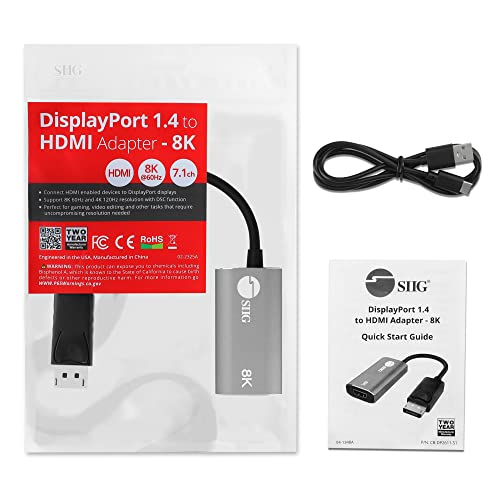 SIIG Active DisplayPort to HDMI Adapter 8K, DP 1.4 Video Input to HDMI Output, Unidirectional, Supports 8K 60Hz and 4K 120Hz with HDR and DSC, DP to HDMI Monitor Cable Adapter (CB-DP2611-S1)