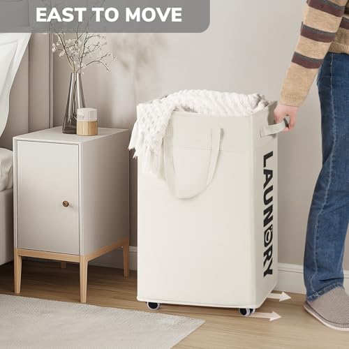 Image of Goodpick Laundry Hamper with Wheels, 75L College Dorm Room Essentials, Clothes Hamper with Removable Wash Bag for Bedroom, Large Laundry Basket with Handle, White