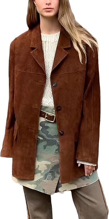 Women’s Brown Suede Leather Blazer - Oversized Casual Coat Streetwear Style Suede Jacket