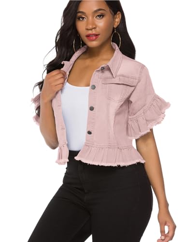 Image of Suvimuga Women's Denim Jacket Button Down Distressed Ruffle Sleeve Crop Jean Jackets Coat