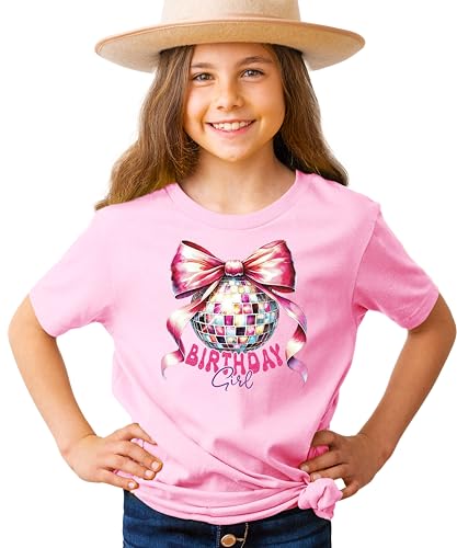 Birthday Girl Coquette Disco Ball Shirt for Girls Trendy Pink Bow Party Theme T-Shirt for Kids4