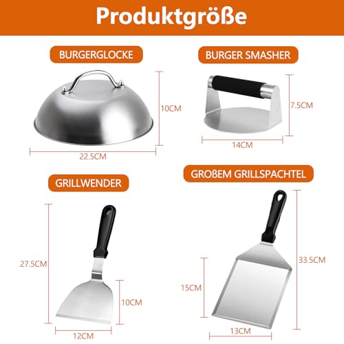 TOOHAO Smash Burger Set, 4-Teiliges Edelstahl Grillbesteck Set mit Burgerpresse, Groß Grillwender, Pfannenwender, Burgerglocke, Grillzubehör Männer Geschenk für Teppanyaki BBQ Steak Grillparty