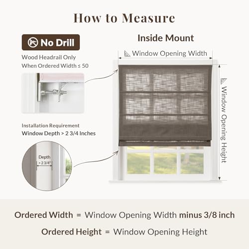 Image of TWOPAGES Liz No Drill Cordless Roman Shades Linen Textured Roman Blinds for Windows, Custom Made Room Darkening Blackout Roman Window Shades, Hardware Included, Rust Brown, 1 Piece