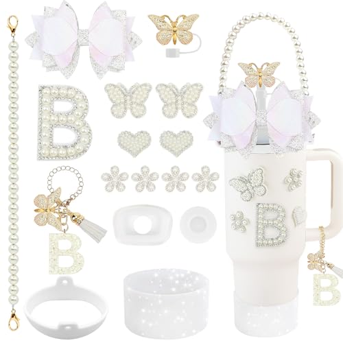 Hpebl 17Pcs Pearls White for Stanley Cup Accessories Set 30/40 OZ Bow Flower Initials Charms of Stanley Decorations Tumbler Accessories Including Butterfly Straw Toppers, Tumbler Boot(Letter B)