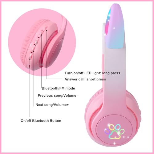 Image of Kids Wireless Headphones LED Light up Cat Bluetooth Headphones, Color Changing Cat Ear Wireless Headsets with Microphone for Kids /Girls /School /Christmas (Pink Pro)