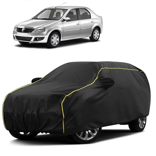 Image of Sulfar 100% Water Resistant Car Body Cover Compatible with Mirror for Renault Logan Edge (Triple Stitched, Full Bottom Elastic, Black Taffeta with Yellow Piping)