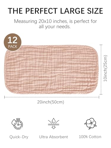 Image of Lovely Care 12 Pack Muslin Burp Cloths 100% Cotton Muslin Cloths Large 20''x10'' Extra Soft and Absorbent Baby Burping Cloth - Warm Clay