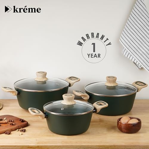 Image of Kreme Venetia Premium Series 6-Piece Granite Casseroles Cookware Set with Lid | Non-Stick Aluminium Cooking Pot | Granite Coating | Induction & Gas Stove Compatible | Healthy Low-Oil Cooking, Green