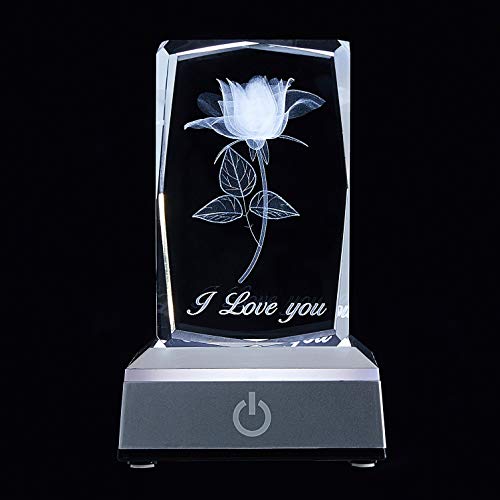 Bianroco I Love You 3D Rose In Full Bloom Crystal With Colourful Led Display Base, Wonder Present Gifts For Girlfriend Wife And Women, Gifts For Anniversary And Birthday #TOP20