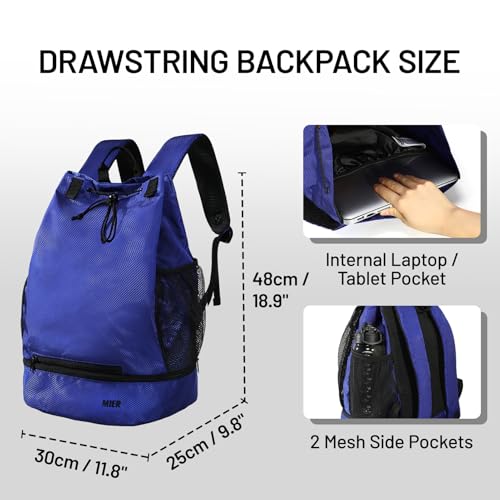MIER Drawstring Basketball Backpack Soccer Bag with Shoe Compartment & Mesh Pocket Sports Gym String Backpack for Women Men, Lightweight Blue by MIER - Image 5