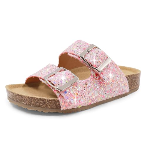 Girls Cork Footbed Slides Sandals Toddler Glitter Summer Non-slip Adjustable Double Buckle Sandals Kid Open Toes Casual Flat Slippers