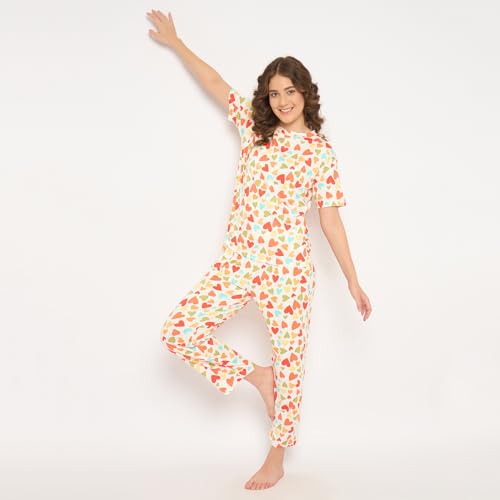 Image of CAMEY Women's Printed Pyjama Set, Short Sleeve T-Shirt and Trousers, Women Nightsuit, Loungewear Sets