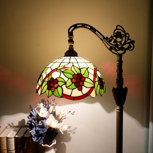 Image of Tiffany Floor Lamp Red grapes Classical elegance Gooseneck Adjustable Corner Vintage Standing Reading Lamps 12 inch Stained Glass Lamps for Bedroom Living Room Study room countryside Home Decoration