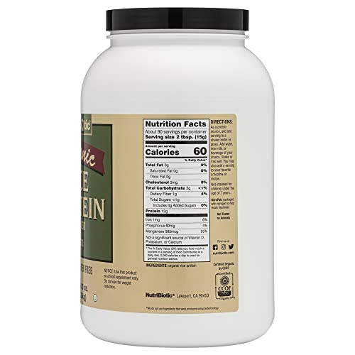 Image of NutriBiotic Certified Organic Rice Protein Plain, 3 Pound | Low Carbohydrate Vegan Protein Powder | Raw, Certified Kosher & Keto Friendly | Made Without Chemicals, GMOs & Gluten | Easy to Digest