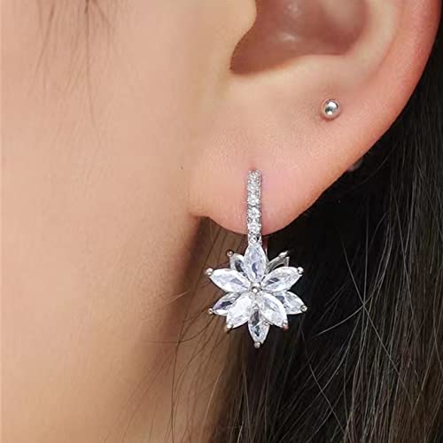 Cute Crystal Floral Dangle Drop Silver Earrings For Women Girls Hypoallergenic 18K White Gold Plated Piercing Earring Zircon Flower Earrings Candy Color Jewelry Gift (White) #TOP1