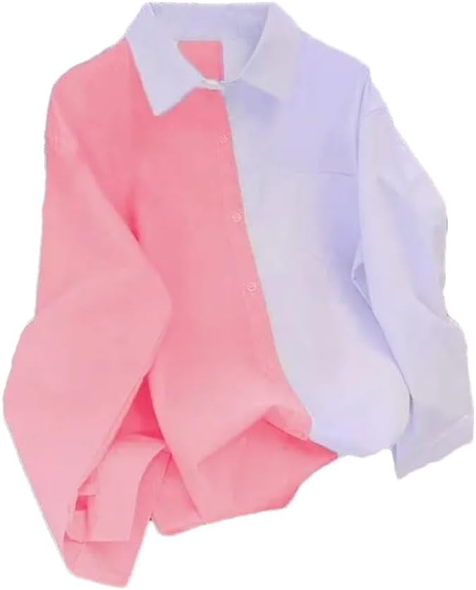 Women's Solid Color Patchwork Shirt Casual Loose Single-Breasted Turn-Down Collar Blouse