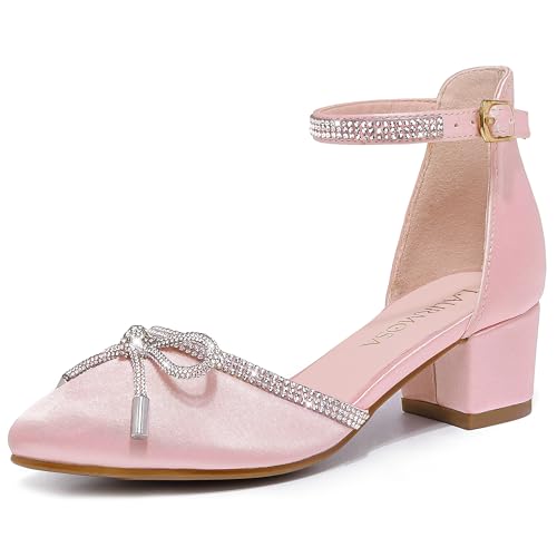 Image of LAURMOSA Girls Sandals Closed Toe High Heels Pointed Toe Ankle Strap Pumps Flower Girl Dressy Shoes in Wedding Party Cute Bowknot Chunky Block Heeled for Little Big Kids