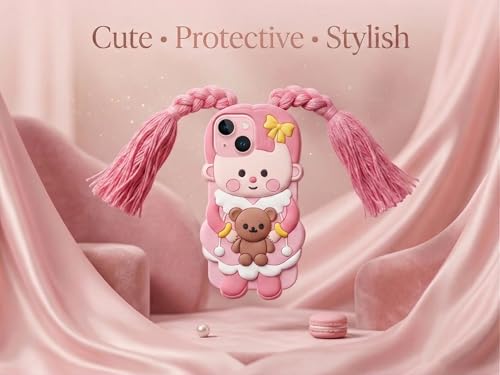 Image of amazon basics Cute 3D Pink Doll Silicone Mobile Case for iPhone 15 - Aesthetic Cartoon Girl with Braided Tassels & Teddy Bear, Soft Shockproof Protective Back Cover for Girls & Kids