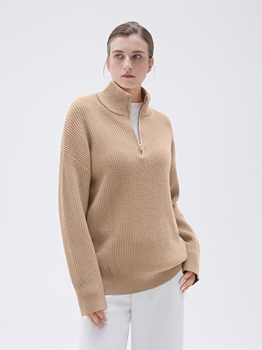 Image of SUUKSESS Women Cashmere Blend Oversized Quarter Zip Pullover Sweater Long Sleeve Collared Ribbed Knit Jumper Tops