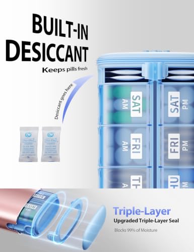 Image of Vaydeer Large Metal AM PM Pill Organizer 7 Day, Moisture-Proof Desiccant