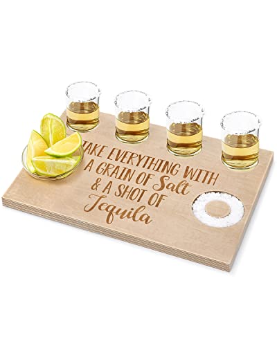 Huray Rayho Bandeja de servir para tequila, soporte para vasos de chupito con borde de sal, bandeja de madera para licor, fiesta de cumpleaños, boda, inauguración de la casa, regalos para hombres y