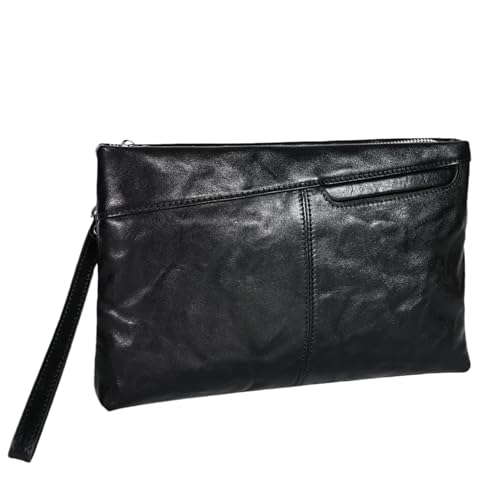 Genuine Leather Clutch Bag for Men Handbag Wrist Bag Business Large Purse Envelope Bag (black)