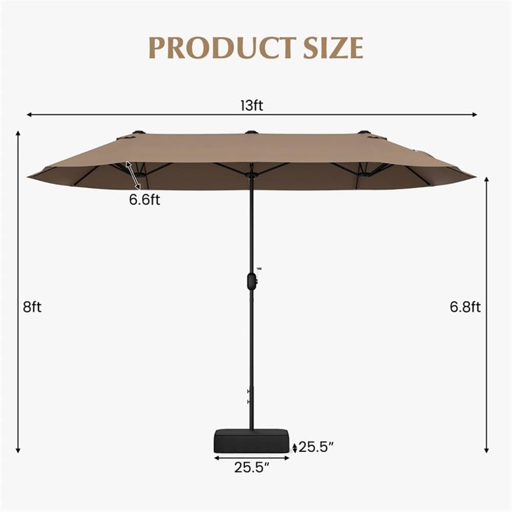 Pemberly Row 13FT Double-Sided Patio Umbrella, Tan PA-Coated Fabric, Crank Handle, Air-Vented Canopy, Heavy-Duty Frame, Sand-Fillable Base, Outdoor Use for Patios, Decks, Poolside Events