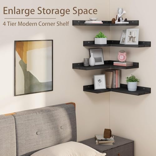 Image of Dime Store Engineered Wood Corner Wall Shelf Set of 4 for Living Room & Bedroom - Floating Corner Shelves- Modern Wall Storage & Display Shelves for Home Decor, Office & Study (Black)
