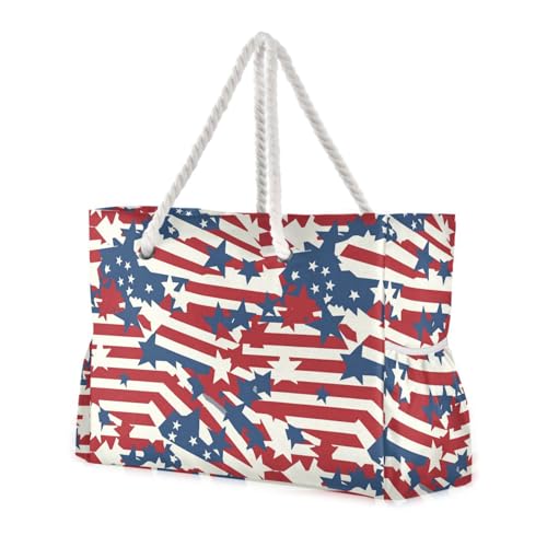 JUNZAN Usa Flags Beach Tote Bag with Handles Swim Pool Bag Beach Totes Bags for Women with Waterproof Pockets Red and Blue