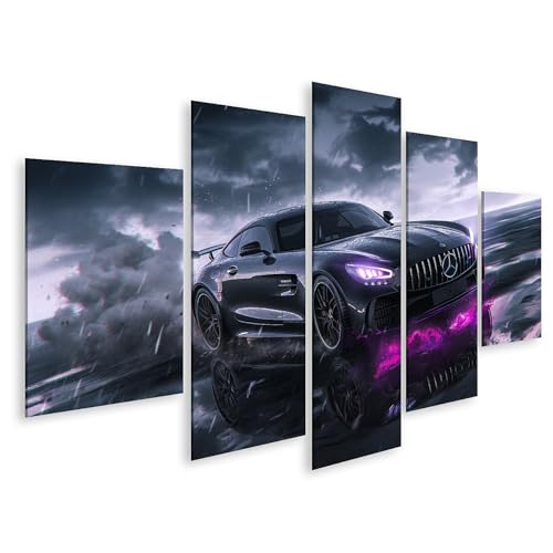 islandburner Bild auf Leinwand Mercedes im Gewitter mit lila Neonlicht für Wohnzimmer Auto-Enthusiasten Autohaus Bilder Wandbilder Poster