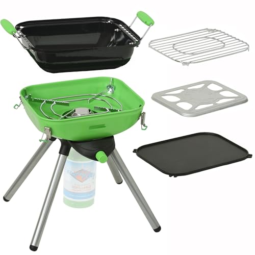 Image of Flame King YSNVT-301 Multi-Function Portable Propane BBQ Grill Camp Stove, 8000 BTU 9.5 x 12 Inch Cooking Surface, Light Green /Black